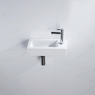 QeramiQ Fuente pack lave-mains – 37,5 x 18,5 x 9 cm – céramique blanc brillant – perçage à droite – robinet chromé