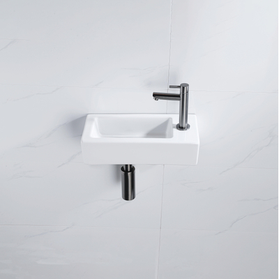 QeramiQ Lave-mains Kit lave-mains - 37.5x18.5x9cm - céramique - trou de robinet à droite - robinet lave-mains gunmetal - bonde de vidage - siphon abaissé - Brillant blanc