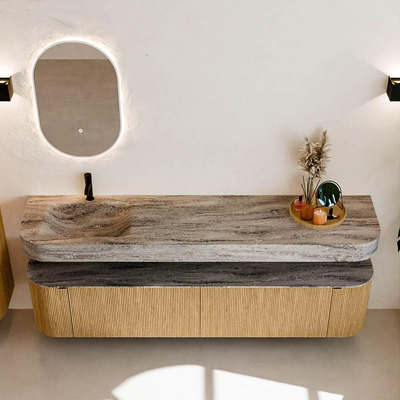 MONDIAZ THOR-DLUX Meuble de salle de bains - 200cm - arrondi gauche + droite - couleur Oak - 2 tiroirs et 2 portes - Vasque suspendue CLOUD Gauche 1 trou de robinet couleur Oza