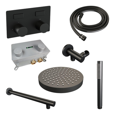 BRAUER Stripe Thermostatische Inbouw Regendouche - drukknoppen - SET 25 - 25cm douchekop - rechte muurarm - staaf handdouche - doucheslang - wandaansluitbocht - mat zwart