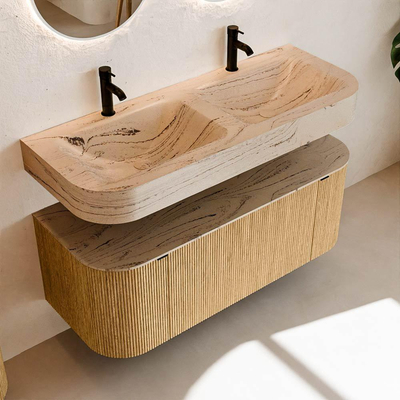 MONDIAZ THOR-DLUX 120cm badmeubel ronding links + rechts kleur Oak met 1 lade en 2 deuren. Vrijhangende wastafel CLOUD Dubbel 2 kraangaten kleur Arena.