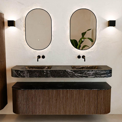 MONDIAZ THOR-DLUX 160cm meuble de salle de bains arrondi gauche + droite couleur Walnut avec 1 tiroir et 2 portes. Vasque suspendue CLOUD Double sans trou de robinet couleur Lava.