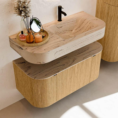 MONDIAZ THOR-DLUX 100cm badmeubel ronding links + rechts kleur Oak met 1 lade en 2 deuren. Vrijhangende wastafel CLOUD Rechts 1 kraangat kleur Arena.
