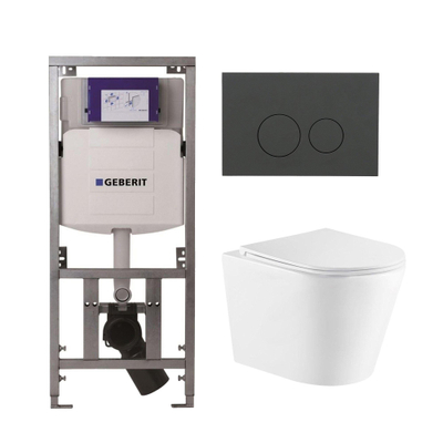 QeramiQ Dely Toiletset - 36.3x51.7cm - diepspoel - rimless - Geberit UP320 inbouwreservoir - met Burda frame - softclose toiletzitting - bedieningsplaat mat antraciet - ronde knoppen - wit mat