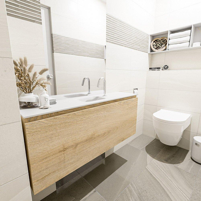 Mondiaz OLAN Meuble lave-mains 120x30x40cm 1 trou de robinet 1 tiroir Washed oak mat avec lavabo LEX Centre Solid Surface Blanc