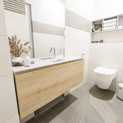 MONDIAZ OLAN Fonteinset - 120x30x40cm - 1 kraangat - 1 lade - washed oak mat - wasbak midden - Solid Surface Wit