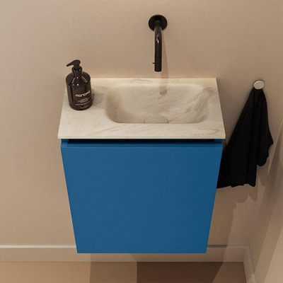 MONDIAZ TURE-DLUX Meuble toilette - 40cm - Jeans - EDEN - vasque Ostra - position droite - sans trou de robinet