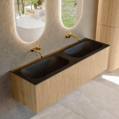 MONDIAZ KURVE 150cm Meuble salle de bain - couleur Oak - 2 tiroirs - vasque BIG SMALL double - sans trous de robinet - Urban