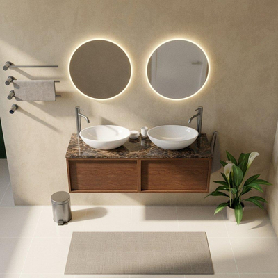 Saniclass Holz Frame Ensemble meuble de salle de bains - 140x45x43cm - Plan de travail en pierre naturelle Noche dark emperador - 2 trous de robinetterie - 2 tiroirs - walnut pure mat (bois)