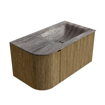 MONDIAZ KURVE-DLUX Meuble de salle de bains 85cm arrondi à gauche couleur Dusk avec 1 tiroir et 1 porte. Lavabo CLOUD à droite sans trou de robinet Oza.