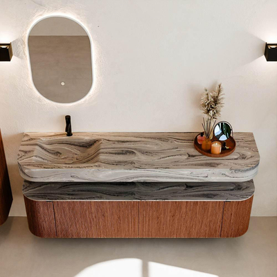 MONDIAZ THOR-DLUX 180cm meuble de salle de bains arrondi gauche + droite couleur Ruby avec 2 tiroirs et 2 portes. Vasque suspendue CLOUD Gauche 1 trou de robinet couleur Sombra.