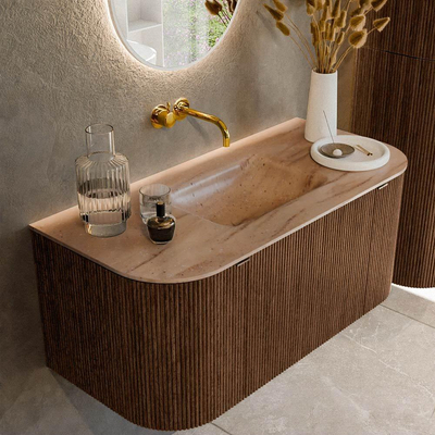 MONDIAZ KURVE-DLUX 100cm badmeubel ronding Links + Rechts kleur Walnut met 1 lade en 2 deuren. Wastafel GRUNNE Midden zonder kraangat Saba.