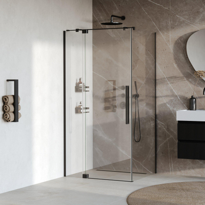 BRAUER Stellar Cabine de douche - 100x100x200cm - porte battante - revêtement de verre - réversible - verre clair - noir mat