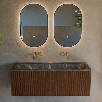 MONDIAZ KURVE-DLUX 120cm badmeubel kleur Walnut met 1 lade. Wastafel BIG LARGE midden zonder kraangat kleur Lava.