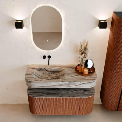 MONDIAZ THOR-DLUX 110cm meuble de salle de bains arrondi gauche + droite couleur Ruby avec 1 tiroir et 2 portes. Vasque suspendue CLOUD gauche sans trou de robinet couleur Sombra.