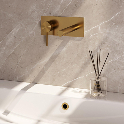 Brauer Stripe wastafelkraan - model A2 - inbouw - rechte uitloop - met afdekplaat - PVD - goud