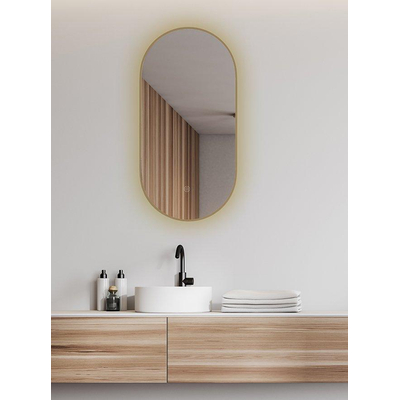 Wiesbaden Nomi Spiegel - met lijst ovaal - met LED dimbaar en spiegelverwarming - 50x100cm - goud