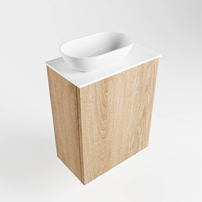 Mondiaz fowy meuble toilette 40x50x23cm chêne lavé mat 1 trou pour robinetterie évier : gauche 1 porte solid surface avec plan mélaminé couleur évier : blanc/noir