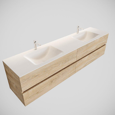 MONDIAZ VICA Ensemble de meuble salle de bain - 200cm - 4 tiroirs - lavabo Cloud double - 2 trous de robinet - solid surface chêne blanchi