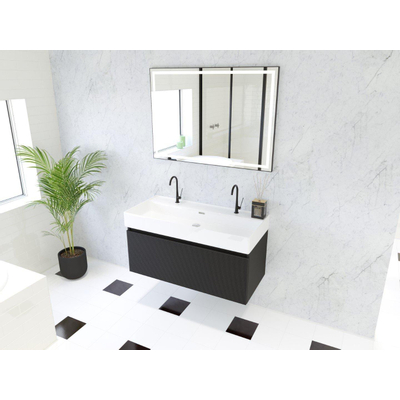 HR Matrix ensemble meuble de salle de bain 3d 100cm 1 tiroir sans poignée avec bandeau couleur noir mat avec vasque kube 2 trous de robinetterie blanc