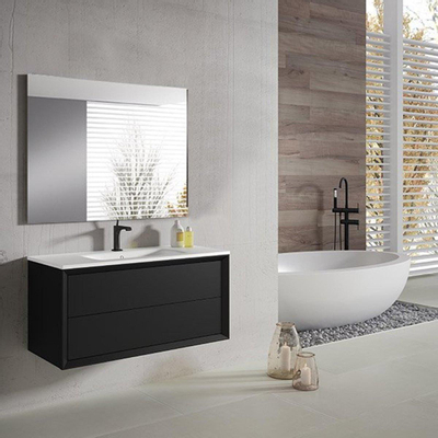 Saniclass Prime Core Ensemble meuble de salle de bains - 100x50x45cm - 1 vasque ovale en céramique blanche - 1 trou de robinet - 2 tiroirs - miroir rectangulaire - noir mat