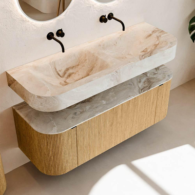 MONDIAZ THOR-DLUX 130cm meuble de salle de bains arrondi gauche + droite couleur Oak avec 1 tiroir et 2 portes. Vasque suspendue CLOUD Double sans trou de robinet couleur Frappe.