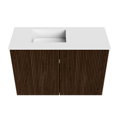 Mondiaz JOYA 60cm toiletmeubel - kleur Walnut - Wastafel FAYE positie Links 1 kraangat kleur Talc.