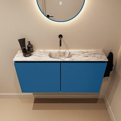 MONDIAZ TURE-DLUX Meuble toilette - 100cm - Jeans - EDEN - vasque Glace - position centrale - sans trou de robinet