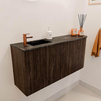 Mondiaz JOYA-DLUX 91.6cm toiletmeubel - ronding rechts kleur Walnut - Wastafel FAYE positie Links 1 kraangat kleur Lava.