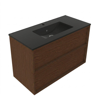 Saniclass Holz Frame Ensemble meuble de salle de bains - 100x45x62cm - Vasque Vygo en céramique noire - 1 vasque - 1 trou de robinetterie - 2 tiroirs - walnut pure mat (bois)