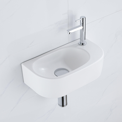 Fugaflow Efficiente Pietra Fonteinset - 40x21.5x12cm - rechts - glad - halfrond - 1 kraangat - keramiek - fonteinkraan chroom - afvoerplug - verlaagd sifon - wit mat