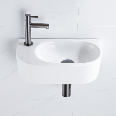 QeramiQ Fuente fonteinset – halfrond – 40x21.5x12 cm – keramiek wit glans – kraangat links – kraan gunmetal