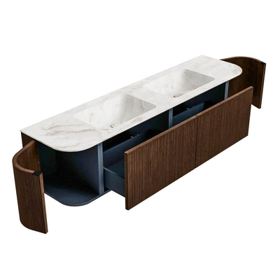 MONDIAZ KURVE-DLUX 180cm badmeubel met module 25 Len R kleur Walnut met 2 lades en 2 deuren. Wastafel LEAF dubbel zonder kraangat kleur Frappe.