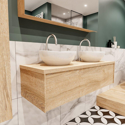 ENSEMBLE DE MEUBLE MONDIAZ LUSH - 120cm - 1 tiroir - lavabo BARCO - 2 lavabos - 2 trous de robinet - chêne blanchi