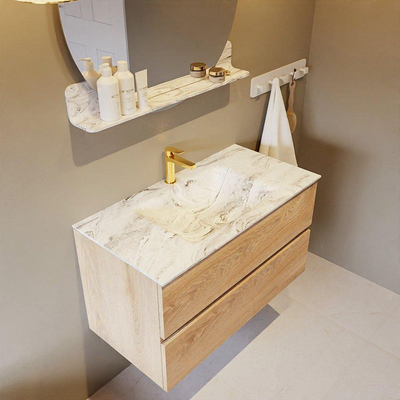 Mondiaz VICA-DLUX Ensemble de meuble de salle de bain - 90cm - meuble sous-vasque chêne blanchi - 2 tiroirs - lavabo encastré nuage milieu - 1 trou de robinet - version haute 60cm - glace