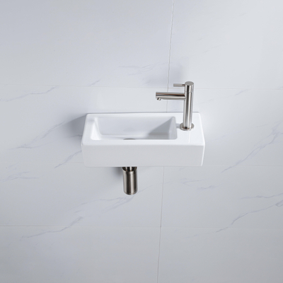 QeramiQ Fuente fonteinset – 37.5x18.5x9 cm – keramiek wit glans – kraangat rechts – kraan geborsteld RVS
