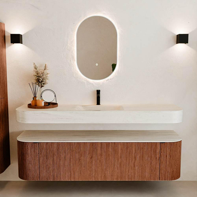 MONDIAZ THOR-DLUX 170cm meuble de salle de bains arrondi gauche + droite couleur Ruby avec 1 tiroir et 2 portes. Vasque suspendue CLOUD Milieu 1 trou de robinet couleur Meli.