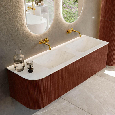 Mondiaz KURVE-DLUX Ensemble de meuble de salle de bains - 145x46x40cm - 1 tiroir - 1 porte - lavabo solid surface - double / droit - sans trou de robinet - Ruby