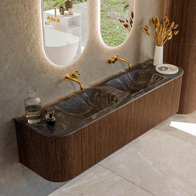 MONDIAZ KURVE-DLUX 170cm badmeubel met module 25 Len R kleur Walnut met 1 lade en 2 deuren. Wastafel LEAF dubbel zonder kraangat kleur Lava.