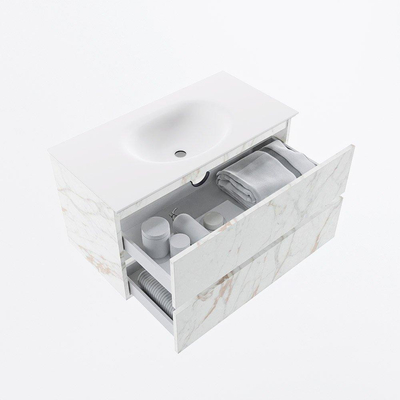 Mondiaz VICA ensemble de meuble de salle de bain - 90cm - meuble sous-vasque carrara - 2 tiroirs - lavabo moon milieu - 1 trou de robinet - version haute de 60cm - talc