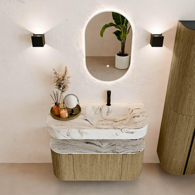 MONDIAZ THOR-DLUX 100cm badmeubel ronding links + rechts kleur Dusk met 1 lade en 2 deuren. Vrijhangende wastafel CLOUD Rechts 1 kraangat kleur Glace.