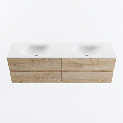 MONDIAZ Vica Ensemble meuble de salle de bains - 160cm - meuble bas chêne blanchi - 4 tiroirs - lavabo moon double - 2 trous de robinet - version hauteur 60cm - talc