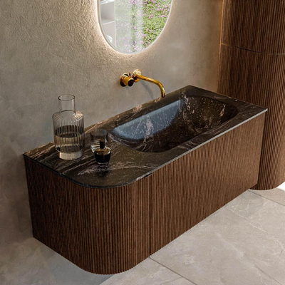 MONDIAZ KURVE-DLUX 105cm badmeubel met module 25 L kleur Walnut met 1 lade en 1 deur. Wastafel BIG SMALL rechts zonder kraangat kleur Lava.