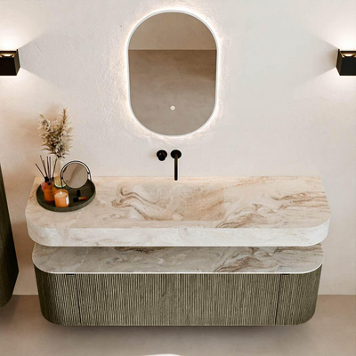 MONDIAZ THOR-DLUX 160cm meuble de salle de bains arrondi gauche + droite couleur Shadow avec 1 tiroir et 2 portes. Vasque suspendue CLOUD Milieu sans trou de robinet couleur Frappe.