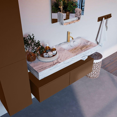 Mondiaz ALAN-DLUX Ensemble de meuble - 120cm - meuble Rust mat - 2 tiroirs - Lavabo Cloud Glace suspendu - vasque Droite - 1 trou de robinet