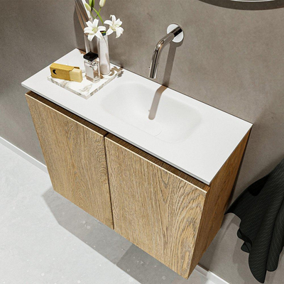 MONDIAZ TURE Kit lave-mains - 60x23x50cm - 0 trous de robinet - 2 portes - chêne blanchi mat - Lavabo à droite - Solid Surface Blanc