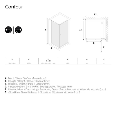 Sealskin Contour draaideur met zijwand 90x90 cm, 200 cm hoog, RVS, 6 mm helder veiligheidsglas