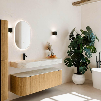 MONDIAZ THOR-DLUX 140cm meuble de salle de bains arrondi gauche + droite couleur Oak avec 1 tiroir et 2 portes. Vasque suspendue CLOUD Gauche 1 trou de robinet couleur Ostra.