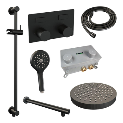 BRAUER Stripe Douche de tête thermostatique encastrée - boutons-poussoirs - SET 34 - pomme de douche 25cm - bras mural droit - douchette 3 positions - flexible de douche - barre coulissante intégrée - noir mat