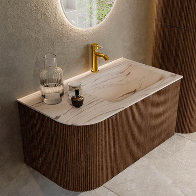 MONDIAZ KURVE-DLUX Meuble de salle de bains 85cm arrondi à gauche couleur Walnut avec 1 tiroir et 1 porte. Lavabo CLOUD à droite 1 trou de robinet Nata.